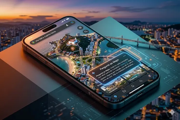 Smartphone exibindo a grande atualização de IA do Google Maps com navegação 3D imersiva da cidade de Vila Velha. A tela destaca o novo recurso holográfico "Pergunte ao Maps" alimentado pela Gemini AI, mostrando respostas em tempo real sobrepostas ao mapa em um cenário de entardecer com iluminação cinematográfica.