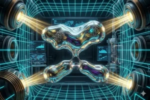 Imagem de um robô de metal líquido híbrido em um laboratório futurista. O material prateado e brilhante flutua no centro de um campo magnético representado por linhas de grade neon azul. Braços robóticos e bobinas eletromagnéticas ao redor emitem luzes douradas, ilustrando a tecnologia de transição de fase sólido-líquido desenvolvida na Coreia do Sul. Estilo cinematográfico e tecnológico, sem texto verbal.