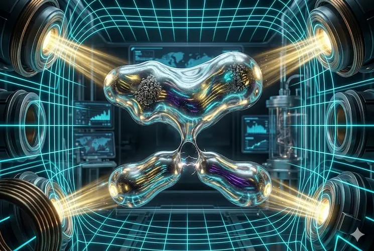 Imagem de um robô de metal líquido híbrido em um laboratório futurista. O material prateado e brilhante flutua no centro de um campo magnético representado por linhas de grade neon azul. Braços robóticos e bobinas eletromagnéticas ao redor emitem luzes douradas, ilustrando a tecnologia de transição de fase sólido-líquido desenvolvida na Coreia do Sul. Estilo cinematográfico e tecnológico, sem texto verbal.