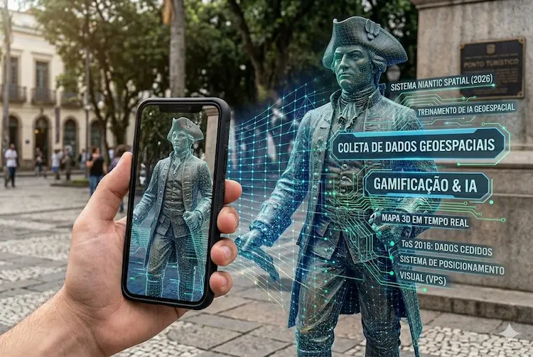 Ilustração conceitual do Pokémon Go mostrando um smartphone escaneando uma estátua histórica de bronze e revelando a estrutura de dados (wireframe), com fluxos de dados binários, circuit board patterns e luzes azuis e verdes saindo do celular e da estátua, visualizando o sistema Niantic Spatial (2026) e códigos UAP..