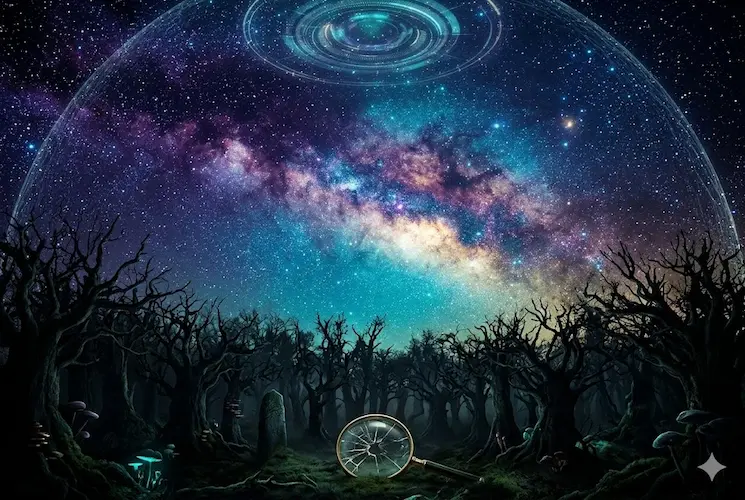 Uma densa floresta escura em primeiro plano representa o silêncio e o medo (Teoria da Floresta Negra), contrastando com um céu noturno brilhante e cheio de pontos dourados e cianos que simbolizam civilizações ocultas e a abundância de vida interestelar.