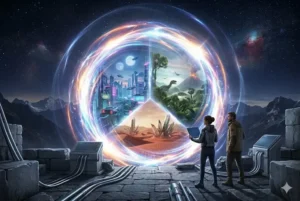 Ilustra&ccedil;&atilde;o cinematogr&aacute;fica de um portal c&oacute;smico central, onde uma quantum-f&iacute;sica e um historiador observam m&uacute;ltiplos universos paralelos coexistindo (cidade cyberpunk, era pr&eacute;-hist&oacute;rica, mundo des&eacute;rtico), representando o que a ci&ecirc;ncia e a fic&ccedil;&atilde;o dizem sobre a exist&ecirc;ncia do multiverso. Imagem limpa e sem texto.