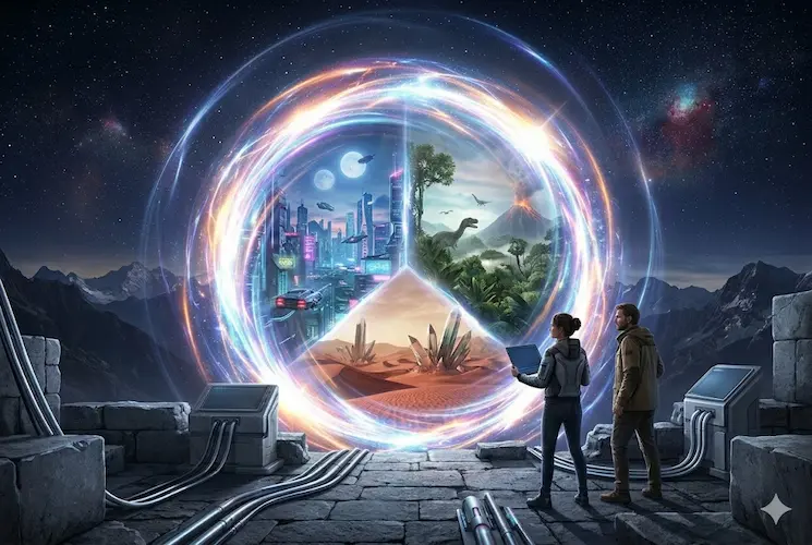 Ilustração cinematográfica de um portal cósmico central, onde uma quantum-física e um historiador observam múltiplos universos paralelos coexistindo (cidade cyberpunk, era pré-histórica, mundo desértico), representando o que a ciência e a ficção dizem sobre a existência do multiverso. Imagem limpa e sem texto.