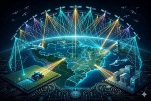 Um mapa do Brasil em azul e verde está no centro, conectado por circuitos a satélites (GNSS) que emitem sinais dourados e cianos para setores críticos: aviação (avião), agronegócio (trator autônomo) e defesa (radar e navio). Um escudo de segurança está no topo, ilustrando a dependência tecnológica e soberania espacial.