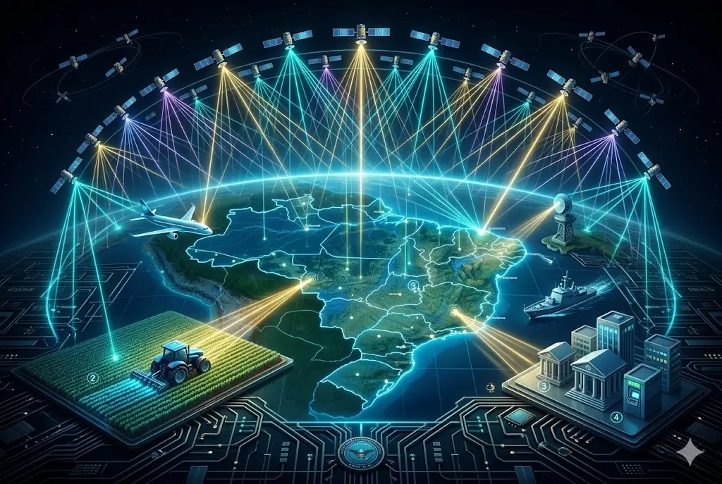 Um mapa do Brasil em azul e verde está no centro, conectado por circuitos a satélites (GNSS) que emitem sinais dourados e cianos para setores críticos: aviação (avião), agronegócio (trator autônomo) e defesa (radar e navio). Um escudo de segurança está no topo, ilustrando a dependência tecnológica e soberania espacial.