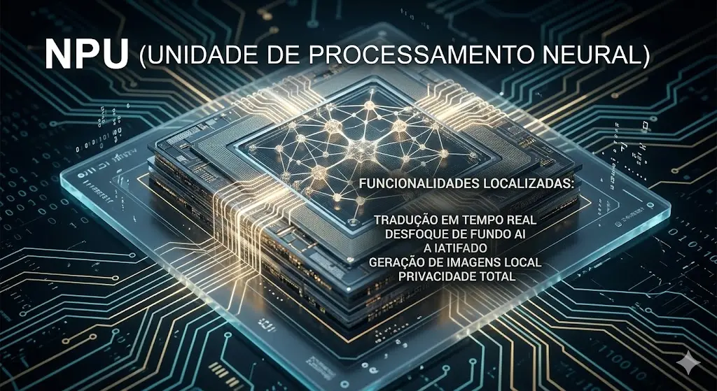 Visão macro de um chip NPU dedicado para processamento local de IA no TecMaker.