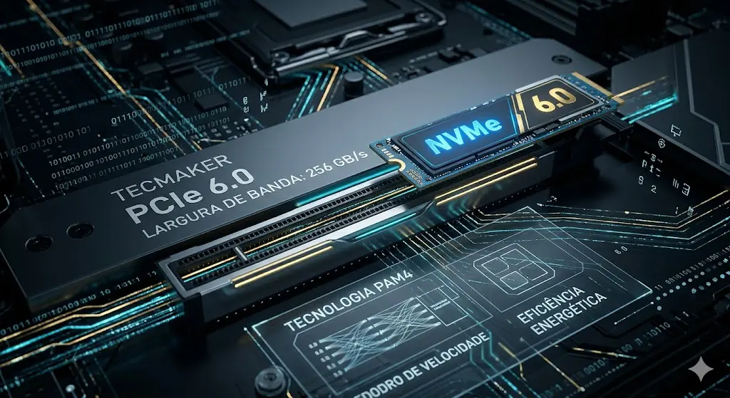 Visão macro de um slot PCIe 6.0 com fluxo de dados ultra rápido no TecMaker.
