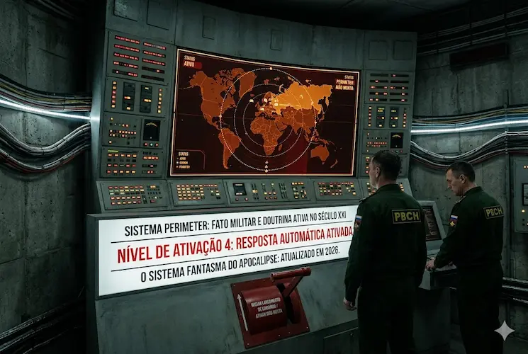 Ilustração cinematográfica de um bunker nuclear russo subterrâneo, mostrando um painel de controle central brutalista onde dois oficiais observam um mapa global âmbar. O console exibe a mensagem: 'SISTEMA PERIMETER: FATO MILITAR E DOUTRINA ATIVA NO SÉCULO XXI. RESPOSTA AUTOMÁTICA ATIVADA.', reafirmando a existência real do sistema Mão Morta.