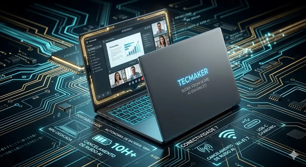 Visão macro de um notebook slim com fluxos de dados de conectividade 7 no TecMaker.