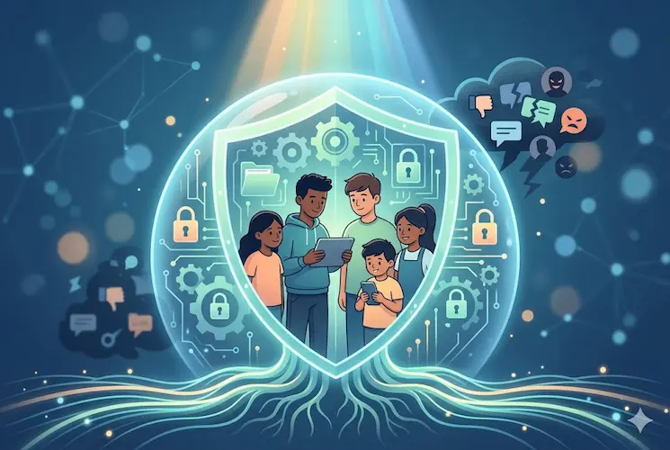 Ilustração conceitual de um escudo digital azul luminoso protegendo crianças e adolescentes que usam dispositivos móveis. Fora do escudo, nuvens escuras representam ameaças online, simbolizando a segurança garantida pelo Estatuto da Criança e do Adolescente Digital.