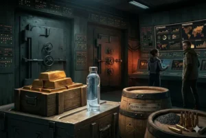 Fotografia cinematogr&aacute;fica do interior de um bunker fortificado, mostrando a tr&iacute;ade de sobreviv&ecirc;ncia dos bilion&aacute;rios: uma pilha de barras de ouro maci&ccedil;o, uma garrafa de &aacute;gua pura de vidro e um barril de p&oacute;lvora com muni&ccedil;&atilde;o de lat&atilde;o. No fundo, dois oficiais monitoram telas de 'Gest&atilde;o de Risco' com mapas globais.