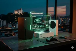 Consoles Xbox Series X e Xbox Series S sobre uma mesa gamer escura, projetando uma interface holográfica neon verde da IA Copilot. A tela digital exibe o painel do Gaming Copilot da Microsoft com dicas táticas e dados de performance em tempo real, ilustrando de forma realista como a inteligência artificial vai funcionar nos hardwares da geração atual.