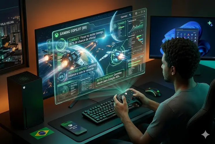 Um fotorrealista render 3D de um gamer negro sentado em sua mesa de jogo, visto de trás, imerso em um jogo de combate espacial. Ele segura um controle do Xbox Series X, e um monitor curvo exibe uma interface holográfica transparente intitulada 'GAMING COPILOT (BR)'. Esta IA tática sobreposta mostra dicas e navegação em português brasileiro, como 'COMBATE: Focar no motor inimigo. (87% de chance de vitória)' e 'ROTA OTIMIZADA: Caminho rápido para Estação Alfa.'. Na mesa, estão visíveis um console Xbox Series X, um smartphone com o logotipo do Xbox, teclado e mouse RGB, e um segundo monitor exibindo uma interface de chat com a notificação 'VILA VELHA'. A cena é iluminada dramaticamente com cores RGB.