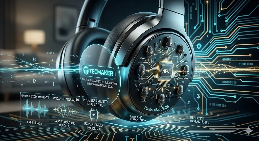 Visão macro de um fone over-ear slim com fluxos de silêncio acústico 20-80 no TecMaker.