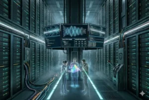 lustra&ccedil;&atilde;o cinematogr&aacute;fica de um bunker nuclear russo subterr&acirc;neo, mostrando um painel de controle central brutalista onde dois oficiais observam um mapa global &acirc;mbar.