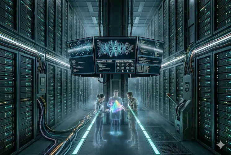lustração cinematográfica de um bunker nuclear russo subterrâneo, mostrando um painel de controle central brutalista onde dois oficiais observam um mapa global âmbar.