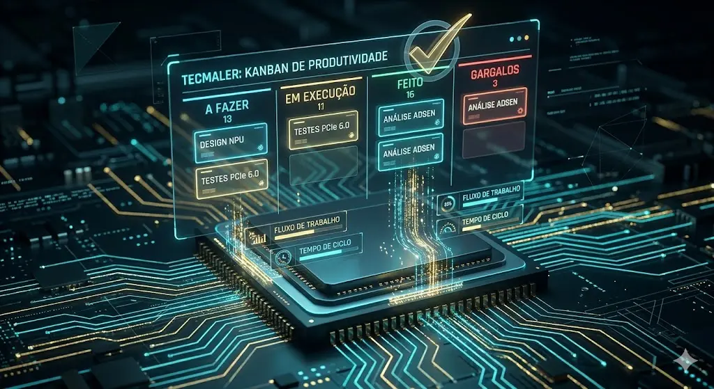 Visão macro de um chip com display flutuante Kanban de produtividade no TecMaker.