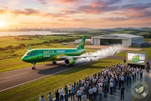 Fotografia cinematogr&aacute;fica do Aeromot AMT-X, a primeira aeronave de transporte movida a etanol do mundo, decolando do complexo Aerociti em Gua&iacute;ba, Rio Grande do Sul. O avi&atilde;o est&aacute; pintado em verde e dourado com 'AMT-X ETANOL' vis&iacute;vel na fuselagem, sob o nascer do sol e com o hangar 'Centro de Inova&ccedil;&atilde;o Aeron&aacute;utica' ao fundo, livre de textos exagerados.
