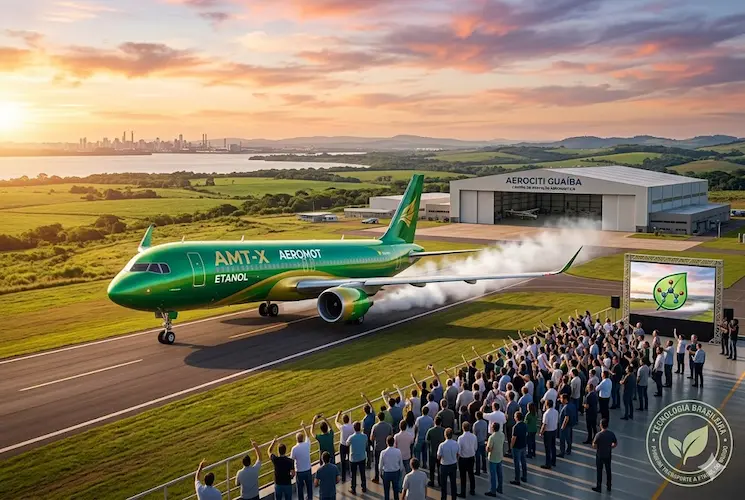 Fotografia cinematográfica do Aeromot AMT-X, a primeira aeronave de transporte movida a etanol do mundo, decolando do complexo Aerociti em Guaíba, Rio Grande do Sul. O avião está pintado em verde e dourado com 'AMT-X ETANOL' visível na fuselagem, sob o nascer do sol e com o hangar 'Centro de Inovação Aeronáutica' ao fundo, livre de textos exagerados.