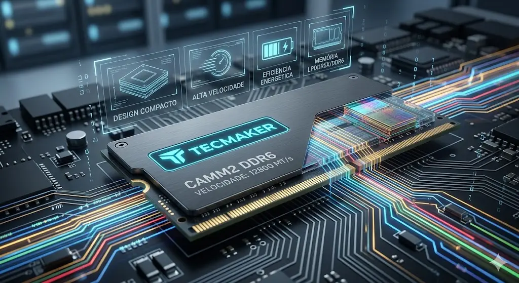 Visão macro de um módulo de memória CAMM2 slim com fluxos de dados de conectividade 7 no TecMaker.