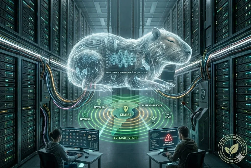 Fotografia cinematográfica de um vault subterrâneo da Anthropic, mostrando um bio-digital neural core em forma de capivara pulsam com redes neurais e dados. No centro, a visualização tática 'Agente de IA: Autonomia Sintética - Trilhões de Parâmetros' e alertas de 'Riscos de Cibersegurança'. Livre de textos exagerados