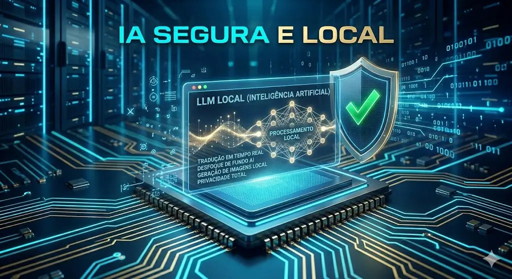 Visão macro de um chip com interface flutuante LLM Local de IA no TecMaker.