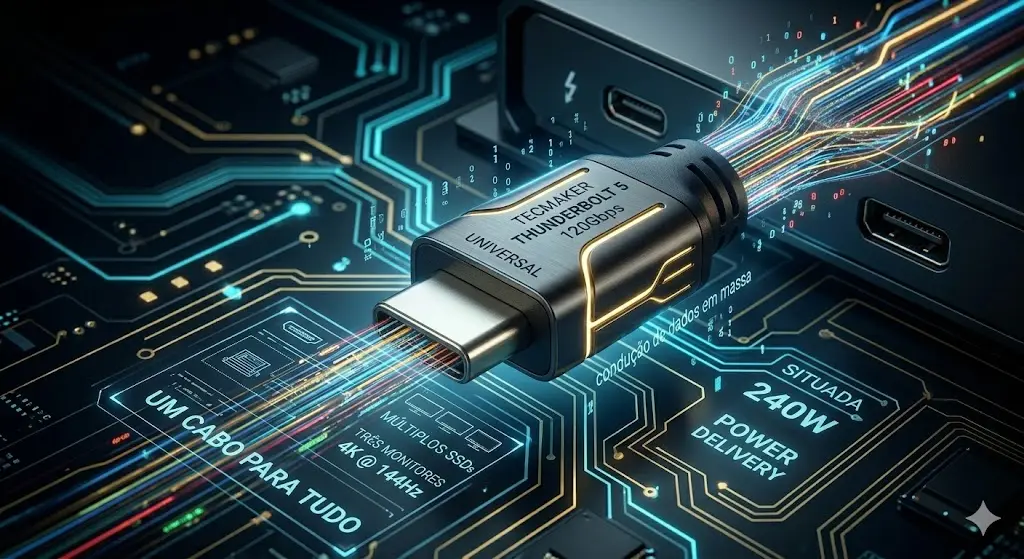 Visão macro de um conector Thunderbolt 5 slim com fluxos de dados de conectividade 7 no TecMaker.