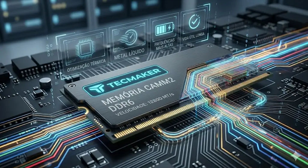 Visão macro de um módulo de memória CAMM2 slim com fluxos de dados de conectividade 7 no TecMaker.