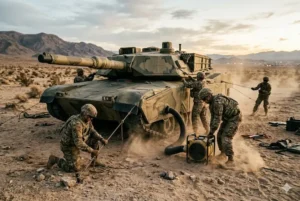 O Gemini disse Uma foto em nível ocular de cinco soldados militares em uniformes camuflados trabalhando ativamente em um tanque de batalha M1 Abrams em um deserto rochoso e empoeirado durante o pôr do sol. Dois soldados no chão operam equipamentos com cordas e uma mangueira que levanta poeira, enquanto outros três estão no tanque ajustando mecanismos. Colinas montanhosas e luzes de uma cidade distante sob um céu nublado e dourado.