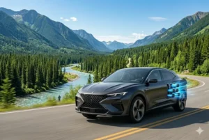 Ilustra&ccedil;&atilde;o conceitual do NamX HUV (Hydrogen Utility Vehicle) com design Pininfarina (image_31.png e image_41.png), rodando em uma paisagem natural intocada e preservada, com montanhas e florestas densas (image_55.png), simbolizando a uni&atilde;o entre alta tecnologia e preserva&ccedil;&atilde;o ambiental. Inclu&iacute;mos fluxo de dados bin&aacute;rios, circuit board patterns e luzes azuis saindo do carro e das c&aacute;psulas (image_27.png e image_41.png), visualizando o sistema Niantic Spatial e c&oacute;digos UAP..