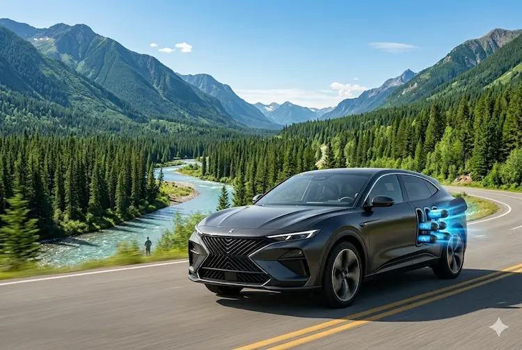 Ilustração conceitual do NamX HUV (Hydrogen Utility Vehicle) com design Pininfarina (image_31.png e image_41.png), rodando em uma paisagem natural intocada e preservada, com montanhas e florestas densas (image_55.png), simbolizando a união entre alta tecnologia e preservação ambiental. Incluímos fluxo de dados binários, circuit board patterns e luzes azuis saindo do carro e das cápsulas (image_27.png e image_41.png), visualizando o sistema Niantic Spatial e códigos UAP..