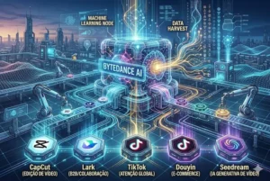 Ilustra&ccedil;&atilde;o conceitual futurista mostrando a ByteDance como uma F&aacute;brica de Aplicativos Digital. No centro, um n&uacute;cleo de Intelig&ecirc;ncia Artificial processa dados, enquanto bra&ccedil;os rob&oacute;ticos montam e ejetam m&oacute;dulos hexagonais representando aplicativos como CapCut, Lark, TikTok, Douyin e Seedream, conectados por fluxos de dados luminosos.