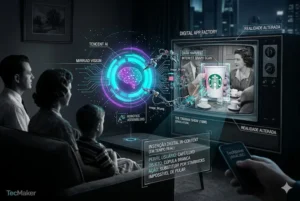 Ilustra&ccedil;&atilde;o conceitual futurista (750x500) mostrando a Tencent como uma F&aacute;brica de Aplicativos Digital (Digital App Factory) e Motor de Recomenda&ccedil;&atilde;o Invis&iacute;vel, impulsionada por um n&uacute;cleo de Intelig&ecirc;ncia Artificial central, labeled Tencent AI e Mirriad Vision, com Machine Learning Nodes, Data Harvest patterns UAP de image_81.png e image_88.png. Bra&ccedil;os rob&oacute;ticos e data streams montam e ejetam m&oacute;dulos hexagonais de publicidade labeled 'CapCut (EDI&Ccedil;&Atilde;O DE V&Iacute;DEO)', 'Lark (B2B/COLABORA&Ccedil;&Atilde;O CORPORATIVA)', 'TikTok (ATEN&Ccedil;&Atilde;O GLOBAL)', 'Douyin (E-COMMERCE/CHINA)', e 'Seedream (IA GENERATIVA DE V&Iacute;DEO)', visualizando o modelo Niantic Spatial e c&oacute;digos UAP..