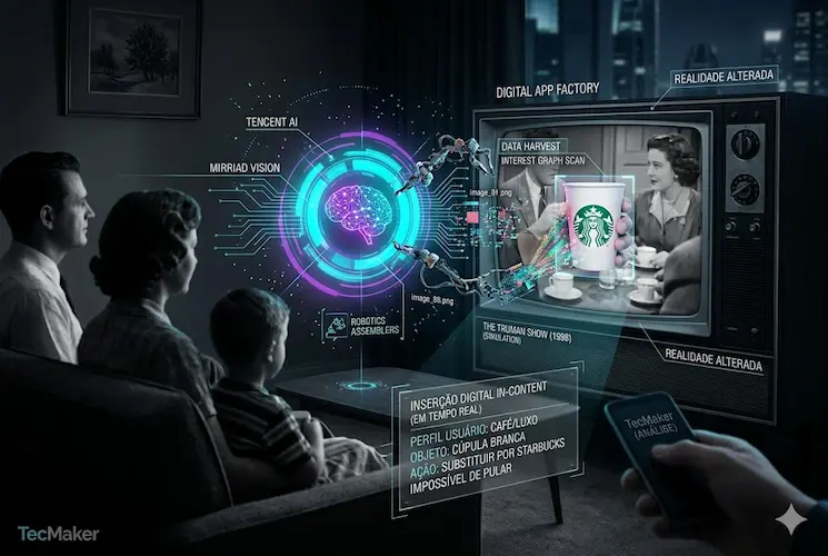 Ilustração conceitual futurista (750x500) mostrando a Tencent como uma Fábrica de Aplicativos Digital (Digital App Factory) e Motor de Recomendação Invisível, impulsionada por um núcleo de Inteligência Artificial central, labeled Tencent AI e Mirriad Vision, com Machine Learning Nodes, Data Harvest patterns UAP de image_81.png e image_88.png. Braços robóticos e data streams montam e ejetam módulos hexagonais de publicidade labeled 'CapCut (EDIÇÃO DE VÍDEO)', 'Lark (B2B/COLABORAÇÃO CORPORATIVA)', 'TikTok (ATENÇÃO GLOBAL)', 'Douyin (E-COMMERCE/CHINA)', e 'Seedream (IA GENERATIVA DE VÍDEO)', visualizando o modelo Niantic Spatial e códigos UAP..