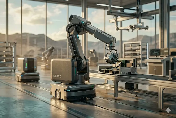 O robô está manipulando e posicionando um componente eletrônico complexo em uma placa de circuito em uma linha de montagem móvel.