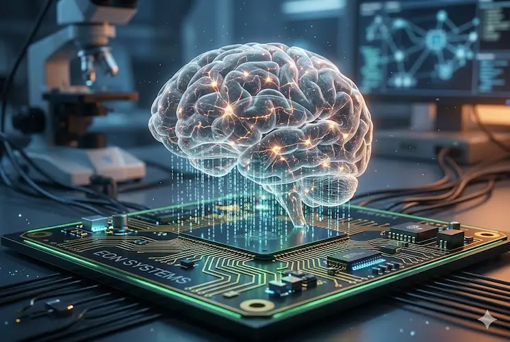 Um cérebro de mosca-das-frutas (Drosophila) transparente e biológico está flutuando sobre uma placa-mãe microeletrônica complexa da Eon Systems.