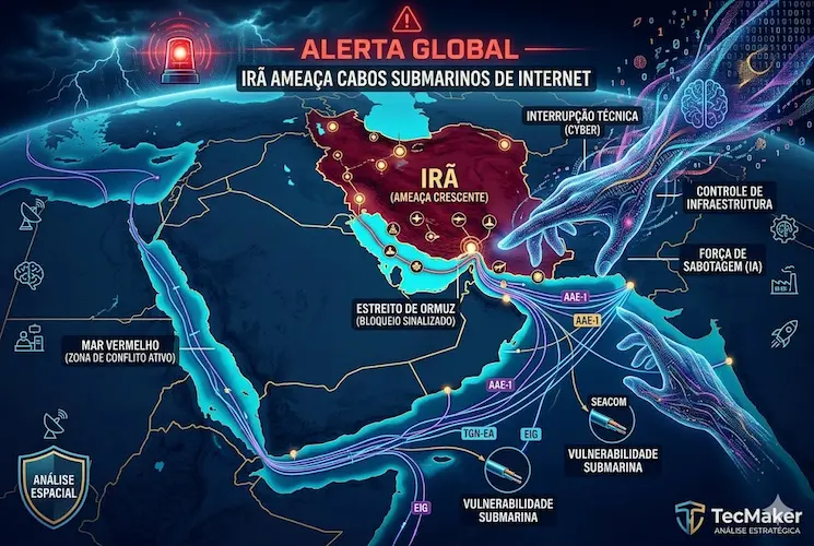 Infogr&aacute;fico conceitual horizontal (750x500) visualizing global strategic analysis of Iran's threat to submarine internet cables in the Persian Gulf and Red Sea, labeled com o TecMaker logo. The view centers on the Middle East with a dynamic chasm of data and light. On the left, a turbulent red alert signal labelled 'ALERTA GLOBAL' and 'IR&Atilde; AMEA&Ccedil;A CABOS SUBMARINOS DE INTERNET'. Glowing fiber-optic cables trace choke points: 'ESTREITO DE ORMUZ (BLOQUEIO SINALIZADO)' in the Persian Gulf and 'MAR VERMELHO (ZONA DE CONFLITO ATIVO)'. Small defined cable labels include 'AAE-1', 'SEACOM', 'TGN-EA', 'EIG'. Near these, sections are vulnerable. Emerging from the Iranian coast (highlighed in deep red labeled IR&Atilde; AMEA&Ccedil;A CABOS SUBMARINOS DE INTERNET), stylized alien-like data hand reaching toward key points labeled 'FOR&Ccedil;A DE SABOTAGEM (IA)'. Neural networks and code glyphs from image_81.png and image_88.png illustrate cyber interuption. Natural light transitions into dynamic blue and red glows, visualizing Niantic Spatial and codes UAP. Text labels in Portuguese describe 'Ir&atilde; (AMEA&Ccedil;A CRESCENTE)', 'Interrup&ccedil;&atilde;o T&eacute;cnica (CYBER)', 'Controle de Infraestrutura'. At the very bottom, a small 'TecMaker' logo and 'An&aacute;lise Estrat&eacute;gica' text are present..