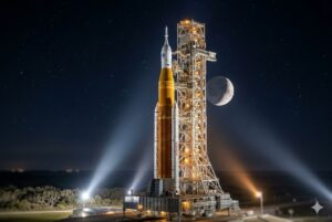 Fotografia noturna e dramática do colossal foguete SLS (Space Launch System) da missão Artemis II da NASA, posicionado na plataforma de lançamento móvel (ML-1) no Centro Espacial Kennedy, na Flórida. O foguete está iluminado por poderosos refletores contra um céu escuro e estrelado. A cápsula Orion está visível no topo, com o icônico estágio central laranja do SLS em destaque. Ao fundo, uma Lua crescente detalhada brilha no céu, simbolizando o destino da tripulação.