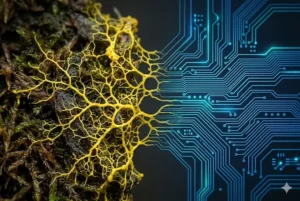 Fusão biotecnológica do organismo Blob Physarum polycephalum com circuitos eletrônicos digitais, representando a biocomputação e o futuro da inteligência artificial.