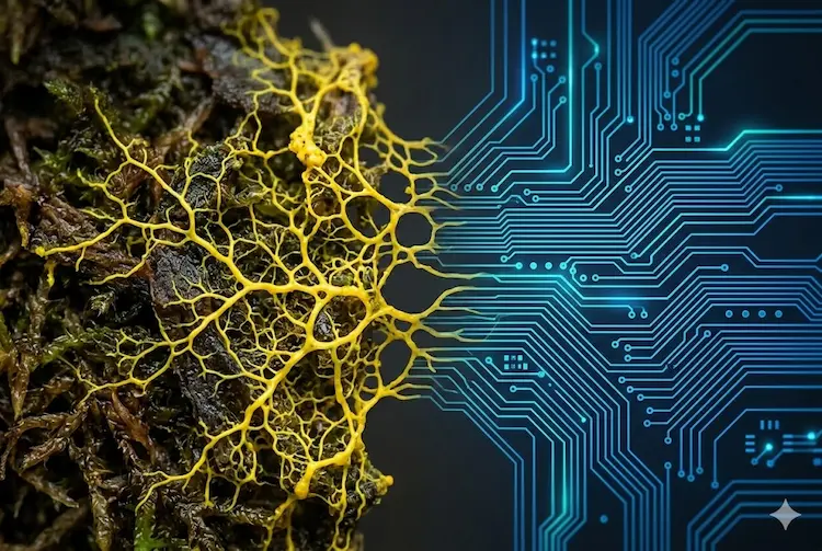 Fusão biotecnológica do organismo Blob Physarum polycephalum com circuitos eletrônicos digitais, representando a biocomputação e o futuro da inteligência artificial.