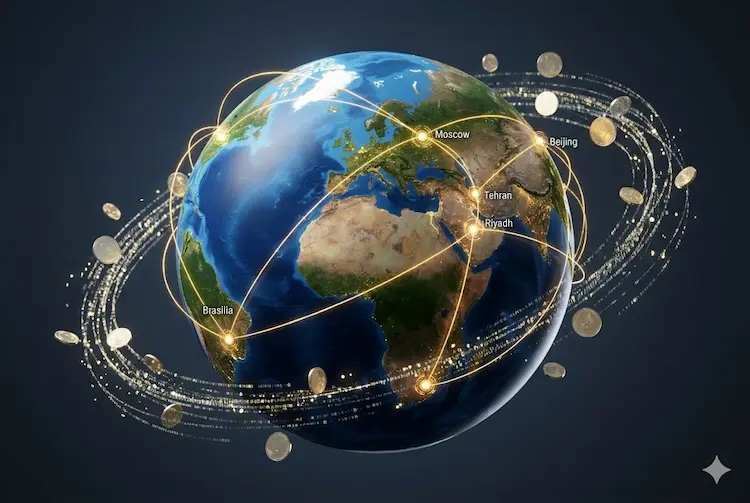 Renderização 3D de um globo digital focado no BRICS (Eurasia, América do Sul e África), com uma rede blockchain dourada unindo as capitais Brasília, Moscou, Pequim, Teerã e Riade, moedas douradas translúcidas e fluxos de dados, sem texto. High-tech financial aesthetic, 4k resolution.