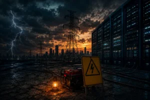 Cidade escura ao entardecer com torres de transmissão elétrica, data center iluminado, gerador de emergência e céu carregado, representando riscos de instabilidade energética e infraestrutura digital crítica.