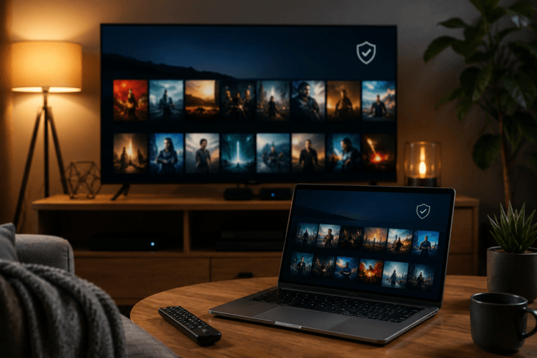Smart TV e notebook exibindo interface abstrata de streaming com &iacute;cones de filmes e s&iacute;mbolo de seguran&ccedil;a digital em uma sala moderna, sem logotipos ou textos.