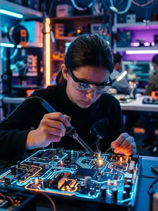 ovem soldando circuito eletrônico em ambiente tecnológico.