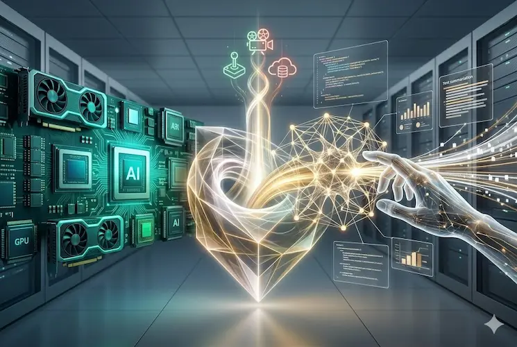 Ilustração digital fotorrealista representando a inteligência artificial Gemma 4 rodando localmente. No lado esquerdo, componentes de hardware premium como GPUs e processadores de IA emanam feixes de dados dourados. No centro, um núcleo de luz conecta o hardware a uma rede neural abstrata e brilhante à direita. Uma mão holográfica interage com a rede, simbolizando o processamento de IA offline direto no computador. Cenário de um centro de dados futurista com iluminação cinematográfica. Sem texto verbal.
