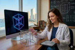 Uma cientista em seu laborat&oacute;rio estuda a geometria da quarta dimens&atilde;o. Na mesa, h&aacute; um modelo f&iacute;sico de um hipercubo feito de metal e luz, enquanto um monitor iMac ao lado exibe uma rota&ccedil;&atilde;o digital do tesseract em cores neon azul e rosa. Ao fundo, um quadro negro repleto de equa&ccedil;&otilde;es complexas da f&iacute;sica, como a teoria de branas e bulk, e uma janela com vista para a cidade ao entardecer.