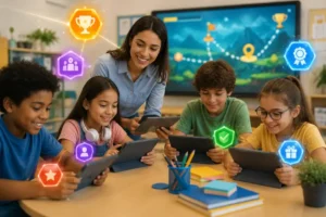 Professora acompanha crianças usando tablets em sala de aula interativa com elementos visuais de gamificação, como medalhas, níveis e recompensas digitais, estimulando a aprendizagem de forma lúdica e colaborativa.