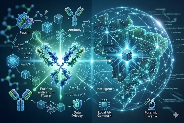Imagem destaque conceitual representando a 'Soberania sobre o Método' integrada. À esquerda, uma molécula de anticorpo F(ab')2 purificada e outras estruturas biotecnológicas. À direita, um mapa do Brasil composto por uma grade de dados orbital, com centros de dados localizados. Os dois campos se fundem perfeitamente por meio de fluxos de nós de dados, simbolizando o controle nacional sobre o bioprocessamento downstream (antiveneno) e a infraestrutura digital (IA local, privacidade de dados), formando uma camada de defesa unificada.