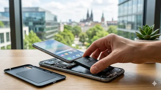 Um close-up de uma m&atilde;o humana removendo uma bateria preta de &iacute;on de l&iacute;tio de um smartphone aberto sobre uma mesa de madeira. A carca&ccedil;a traseira preta do telefone est&aacute; ao lado e uma pequena planta suculenta est&aacute; ao fundo, desfocada. Os &iacute;cones de reciclagem na bateria s&atilde;o vis&iacute;veis.