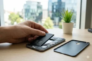 Uma fotografia fotorrealista de uma mão de usuário removendo uma bateria preta removível de um smartphone moderno, sobre uma mesa de madeira. A carcaça do telefone está aberta, demonstrando a acessibilidade para reparos.